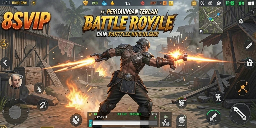 Tangkapan layar gameplay <strong>8SVIP</strong> menampilkan aksi seru dalam pertempuran Battle Royale.
