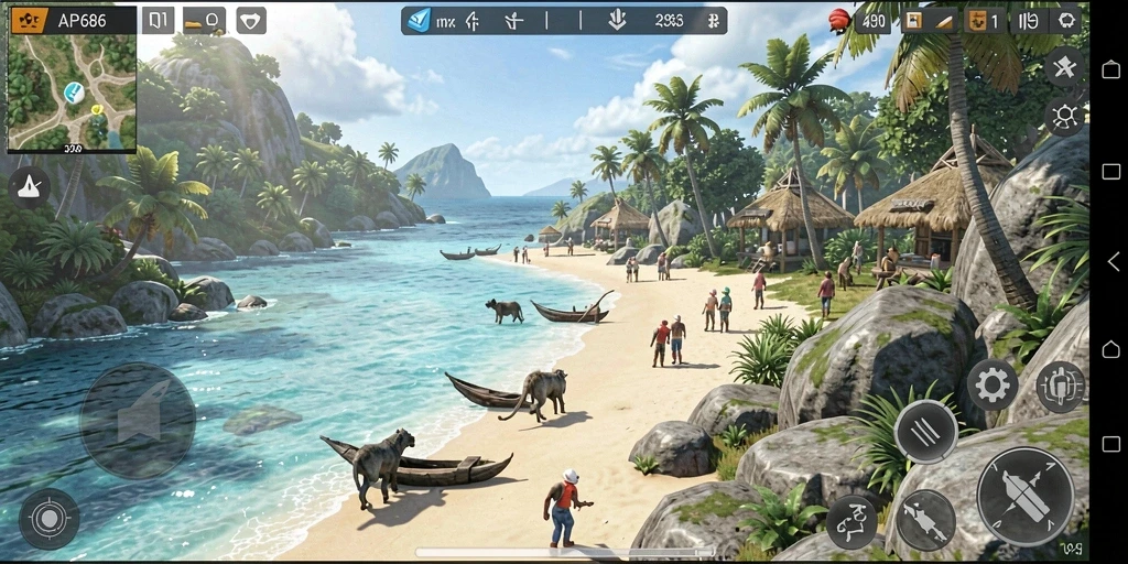 Screenshot gameplay AP686 menampilkan petualangan di dunia terbuka yang luas.