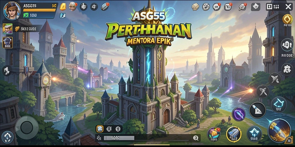 Screenshot menampilkan aksi menara pertahanan dalam ASG55 dengan berbagai musuh.