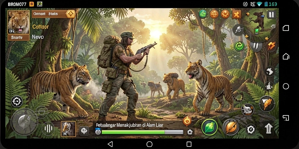 Screenshot menunjukkan pemain menjelajahi hutan lebat di BROMO77.