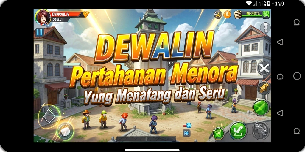 Screenshot gameplay DEWALIN dengan menara yang siap bertahan.