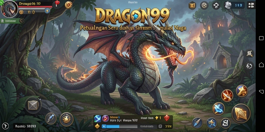 Screenshot DRAGON99 menampilkan naga yang terbang di atas kerajaan.