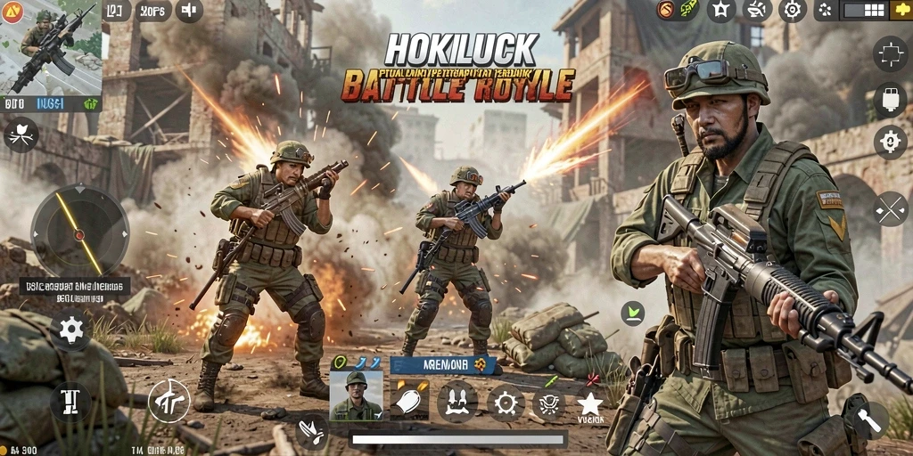 Screenshot menampilkan aksi pertempuran seru dalam HOKILUCK.