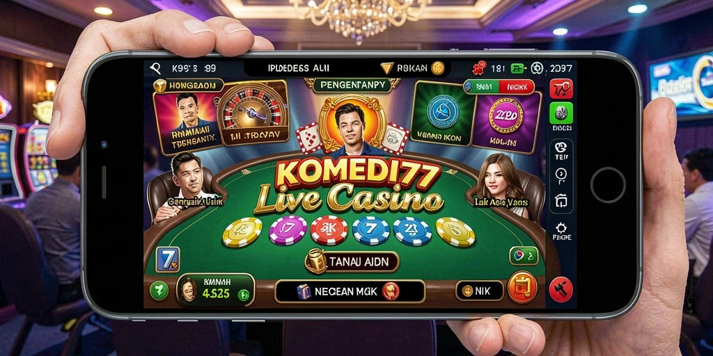 Screenshot KOMEDI77 menampilkan dealer live dan pemain berinteraksi dalam permainan.