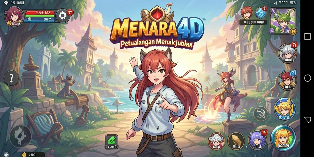 Tampilan gameplay MENARA4D yang penuh warna dan karakter menarik.