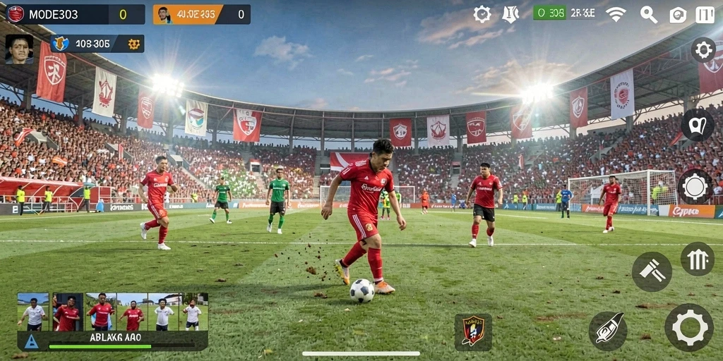 Tampilan gameplay yang menarik dari GAME MODE303 dengan aksi sepak bola yang seru.