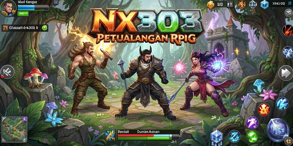 Tampilan gameplay NX303 yang epik dalam pertarungan RPG.