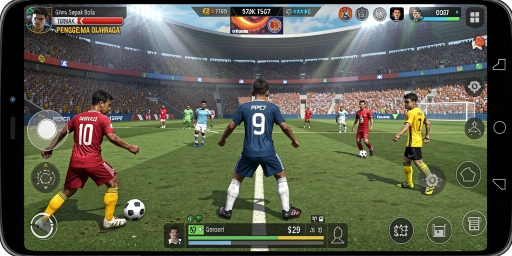 Screenshot utama PCPC7 menampilkan aksi seru dalam permainan sepak bola.