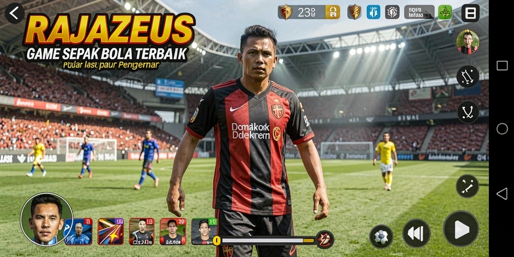 Tampilan gameplay mendebarkan dalam RAJAZEUS dengan aksi sepak bola yang seru.