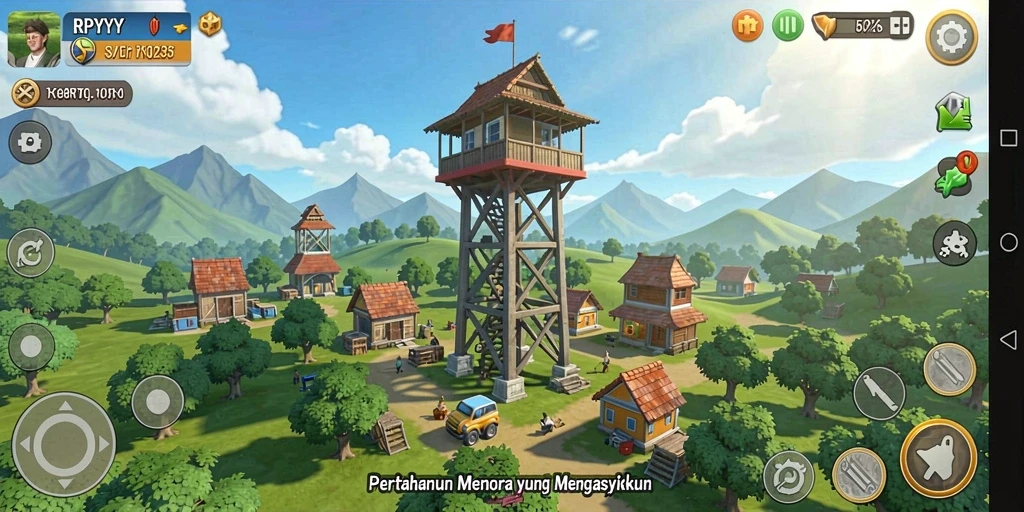 Screenshot gameplay RPYYY menunjukkan strategi menara yang menarik.
