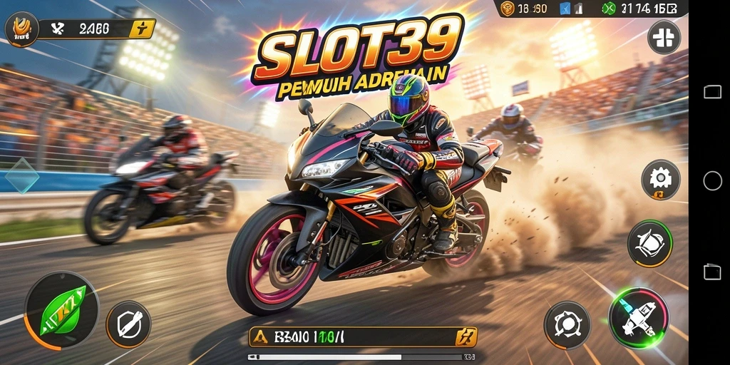 Screenshot gameplay SLOT39 dengan aksi balapan motor yang mendebarkan.